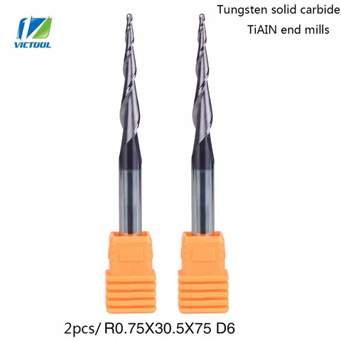 Revestido de Metal Fresas de Topo Cone tipo de Fresagem Lote * d6 30.5 75l 2f Duro Bola Nariz Cônico Cnc Cortador 2 Pçs – R0.75