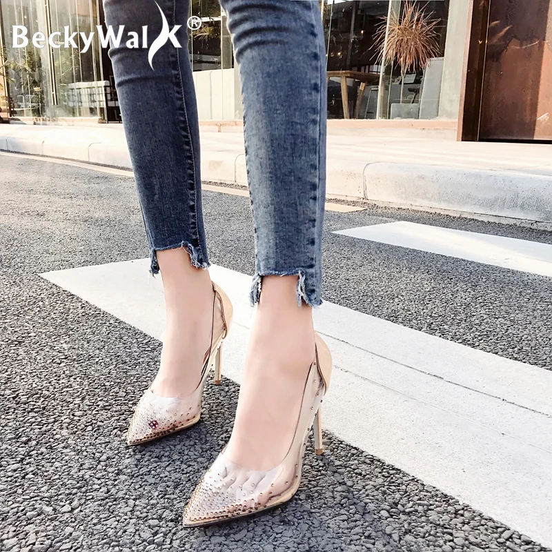 

Spring Transparent Women Pumps Sandals Rhinestone PVC Clear High Heels Shoes Woman Pointed Toe Ladies Party Stilettos WSH3265