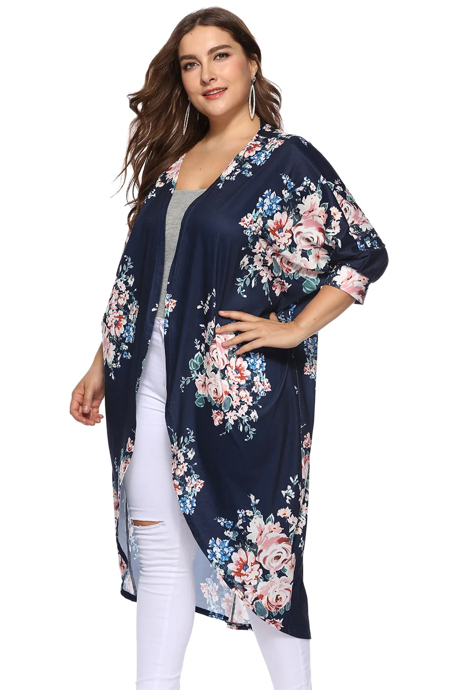 Gladiolus Plus Size Blouse Women 2018 Summer 34 Sleeve Floral Print Casual Long kimono Cardigan Women Autumn Shirt Blouses Tops (11)