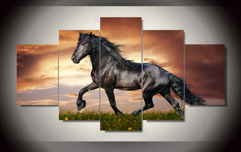 Original Oil Ink Print 5 Panels Canvas Print Black Horse Painting On Canvas Wall Art Picture