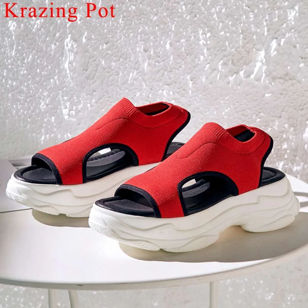 

Krazing Pot new knitting slip on gladiator shoes peep round toe slingback women sandals thick high bottom flat platform shoe L17