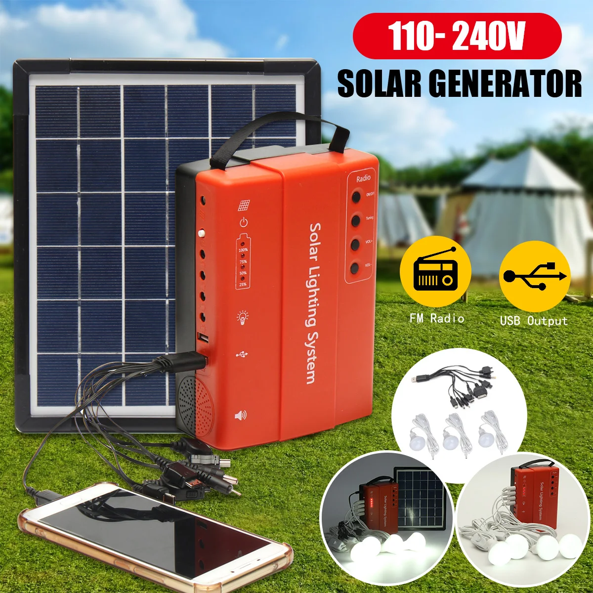 

Home Outdoor Solar Panel Power Storage Generator System LED Light USB Charger Portable LED Lighting System Support FM Radio