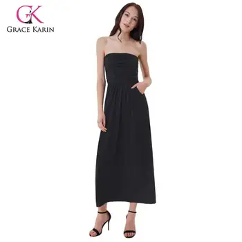 

Grace Karin Dresses Summer Women's Casual Strapless Pleated Dress Ladies Solid Color Long Maxi Pocket Dress Tunic Robe 2020