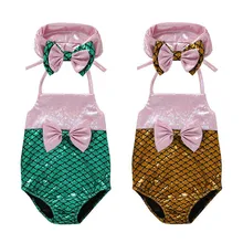 Купальный костюм для маленьких девочек, цельный купальный костюм с блестками и бантом+ повязка на голову, 2 предмета, купальная пляжная одежда для девочек