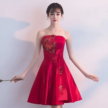

Tube Top Cocktail Dresses 2020 Sexy Embroidery Flower Vestidos De Festa Red Women Evening Party Gown Mini Bow Embroidery Flower
