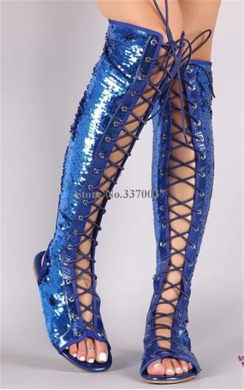 Picture Lace Gladiateur Toe Picture Bleu Noir Haute Paillettes Bling out up Bottes Genou Plat As Longues Cut Argent Femmes Or Peep Brillant as fvwtRt
