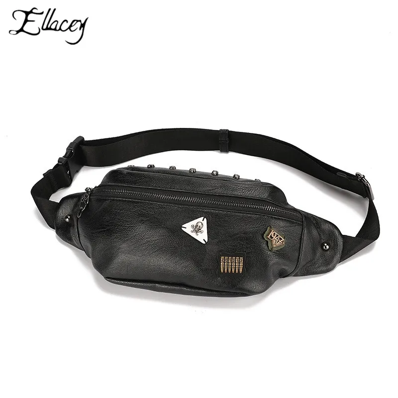 Fashion Cell Phone Bag Skull Badge Waist Men's Outdoor Cycling Shoulder Male Chest Moto Biker PU Leather Fanny Pack | Багаж и сумки