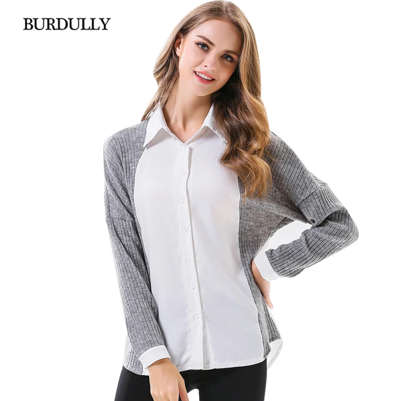 BURDULLY Fashion Office Knitted Blouses Women 2018 Spring Long Sleeve White Patchwork Shirt High Quality Cotton Casual |