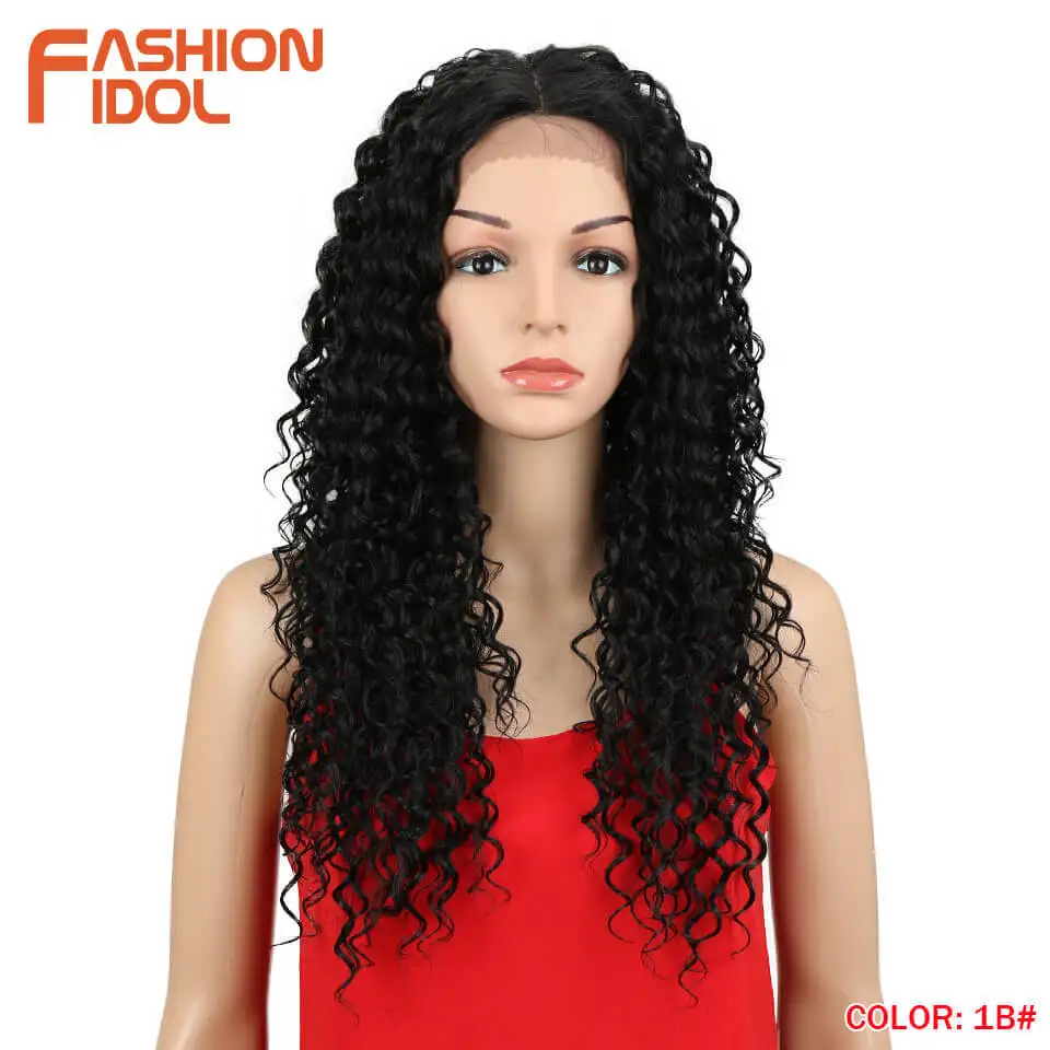 Мода IDOL Kinky Вьющиеся жаропрочного синтетического Синтетические волосы на кружеве парик для афро-американских Для женщин средняя часть длинные волосы бесклеевой