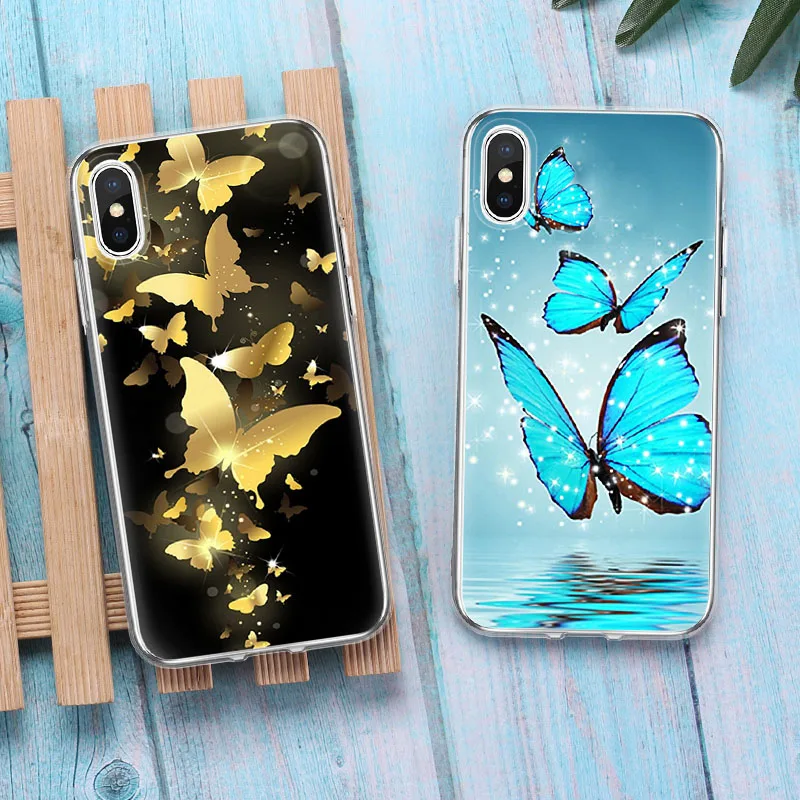 Gold Blue Butterfly Soft Phone Cases For iphone XR XS Max X 10 TPU Cover Phone Case For iphone X 6 7 8 Cover For iphone 7Plus Gold Blue Butterfly Soft Phone Cases For iphone XR XS Max X 10 TPU Cover Phone Case For iphone X 6 7 8 Cover For iphone 7Plus