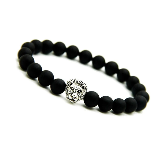 Sn0694 Matte Black Onyx Bracelet Silver Lion Mens Sn0694 Matte Black Onyx Bracelet Silver Lion Mens Bracelets Stretch Men Mala