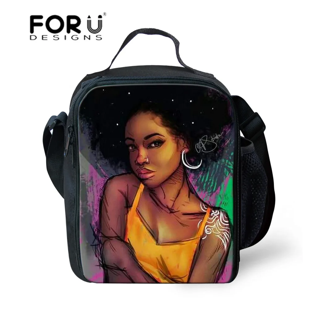 FORUDESIGNS/черные сумки для ланча в африканском стиле для девочек, неопреновые сумки для ланча, Детские коробки для ланча, термальный пикник, сумки для еды
