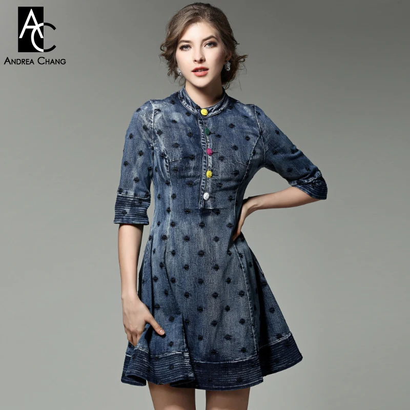 spring autumn runway designer womans dresses blue denim dress black