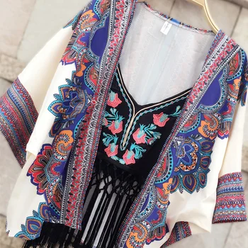 

Korea fashion ethnic style stitchwork tassel crop top Condole belt Cardigan kimono for female coat and crop top