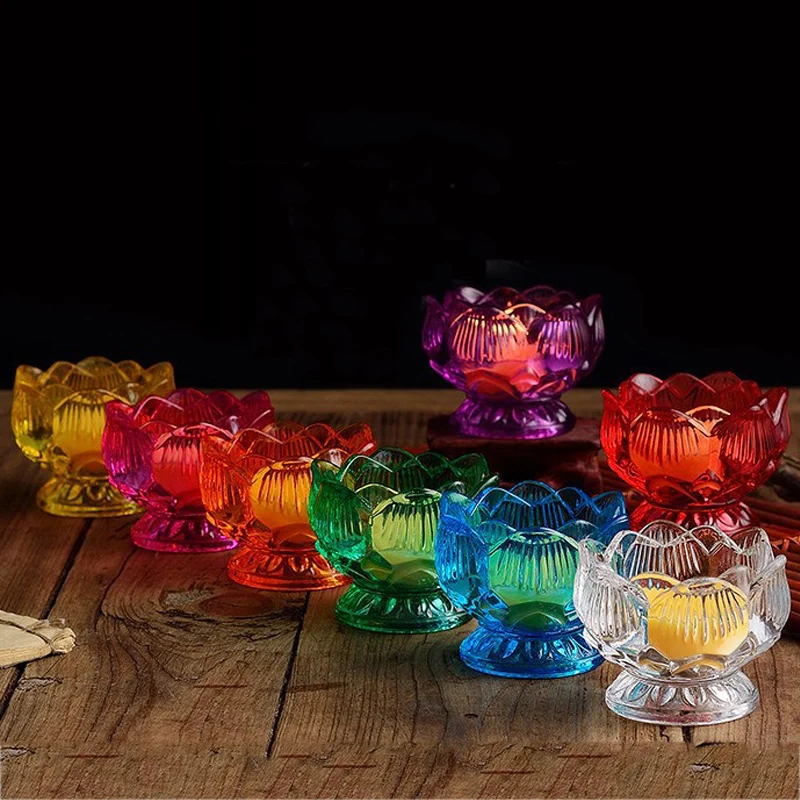 

Colored Glaze Glass Lotus Flower Candle Holder Geometric Candlestick Oil Lamp Decoration Candles Wedding Centerpieces Drop Ship
