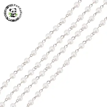 

handmade glass pearl beads chains, with iron eyepins, Metal, ivory, 1000x6mm; about 1m/strand