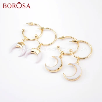 

BOROSA 5Pairs Gold Color Natural White Shell Horn/Moon Shape With Round R-ing Dangle Earrings Jewelry for Women Girls G1677