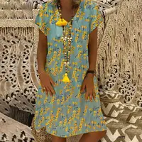Женское платье длиной до колена с v-образным вырезом, коротким рукавом, цветочным принтом, Пляжное модное Повседневное платье-рубашка с