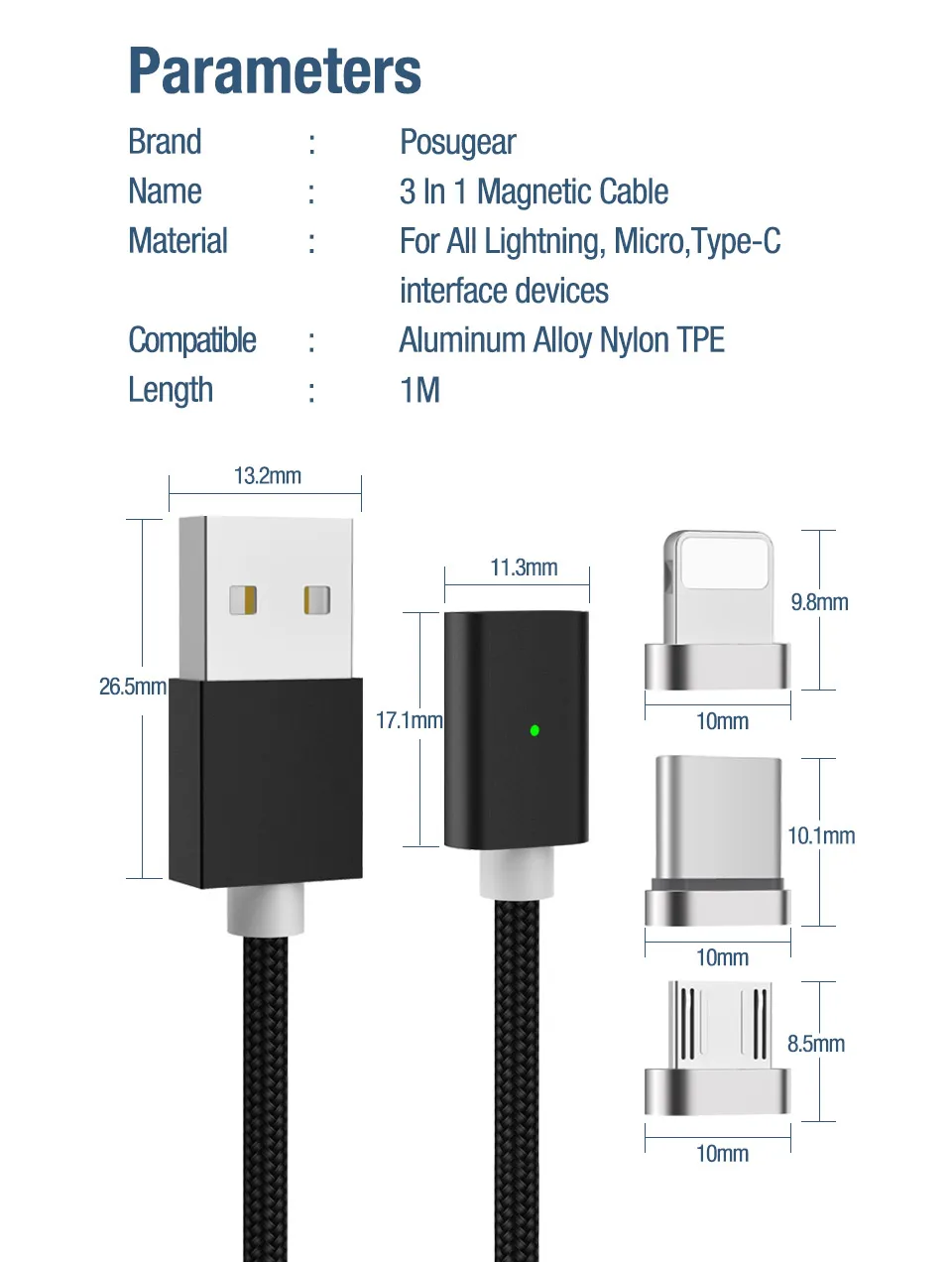 Posugear Магнитный 3 в 1 кабель для быстрой зарядки usb type C и Micro 1 м кабель для iphone Магнитный зарядный кабель для iphone samsung xiaommi