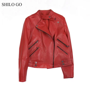 

SHILO GO Leather Jacket Womens Spring Fashion sheepskin genuine leather coat Stand collar front zipper red locomotive jacket