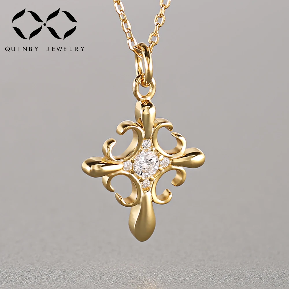 

Female Long Gold Plating Cross Necklace for Women Crystal Cubic Zirconia 925 Sterling Silver Chain Pendant Christian Jewelry Z4