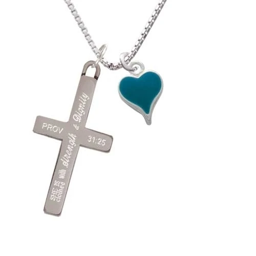 Small Long Dark Teal Heart - Strength and Dignity - Cross Necklace (1)