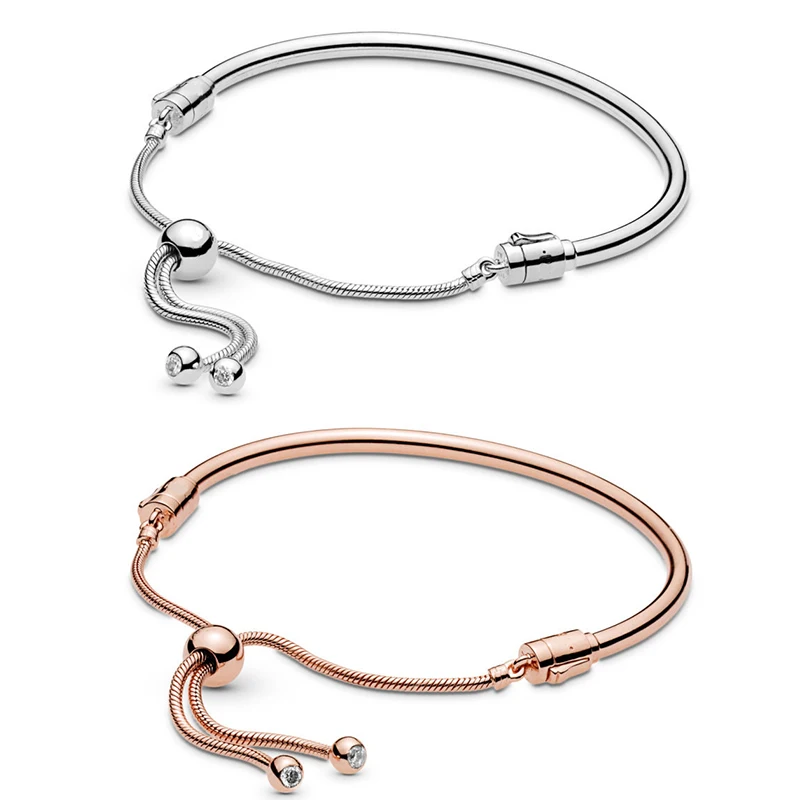 

2019 Spring Authentic 925 Sterling Silver Original Rose Shine Sliding Pandora Bangle Fit Women Bead Charm Bracelet DIY Jewelry