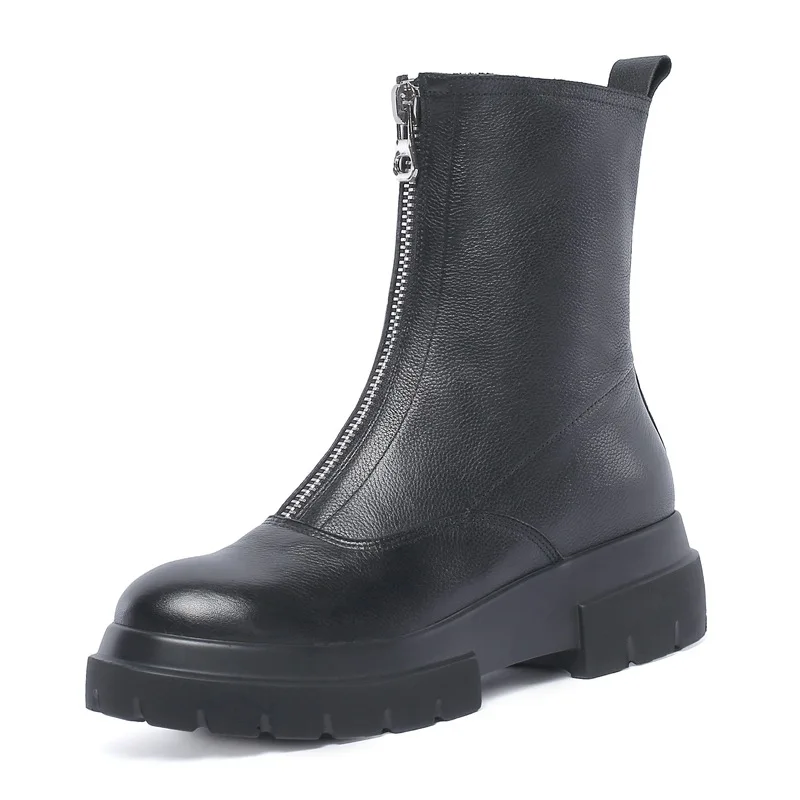 

Brand Women Med High Heels Autumn Genuine Leather Martin Shoes Woman Retro Black Casual Party Shoes Sexy Basic Boots DR-A0032