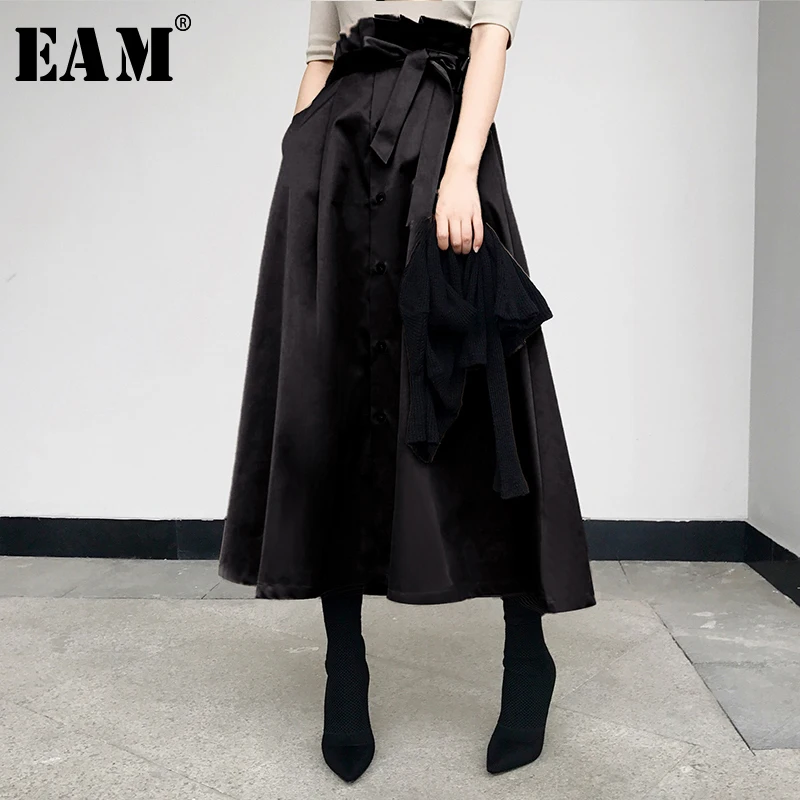 

[EAM] 2019 New Spring Fashion Tide Khaki Adjustable Waist Tie Single Breasted Simple All-match Vintage Woman Skirt S839