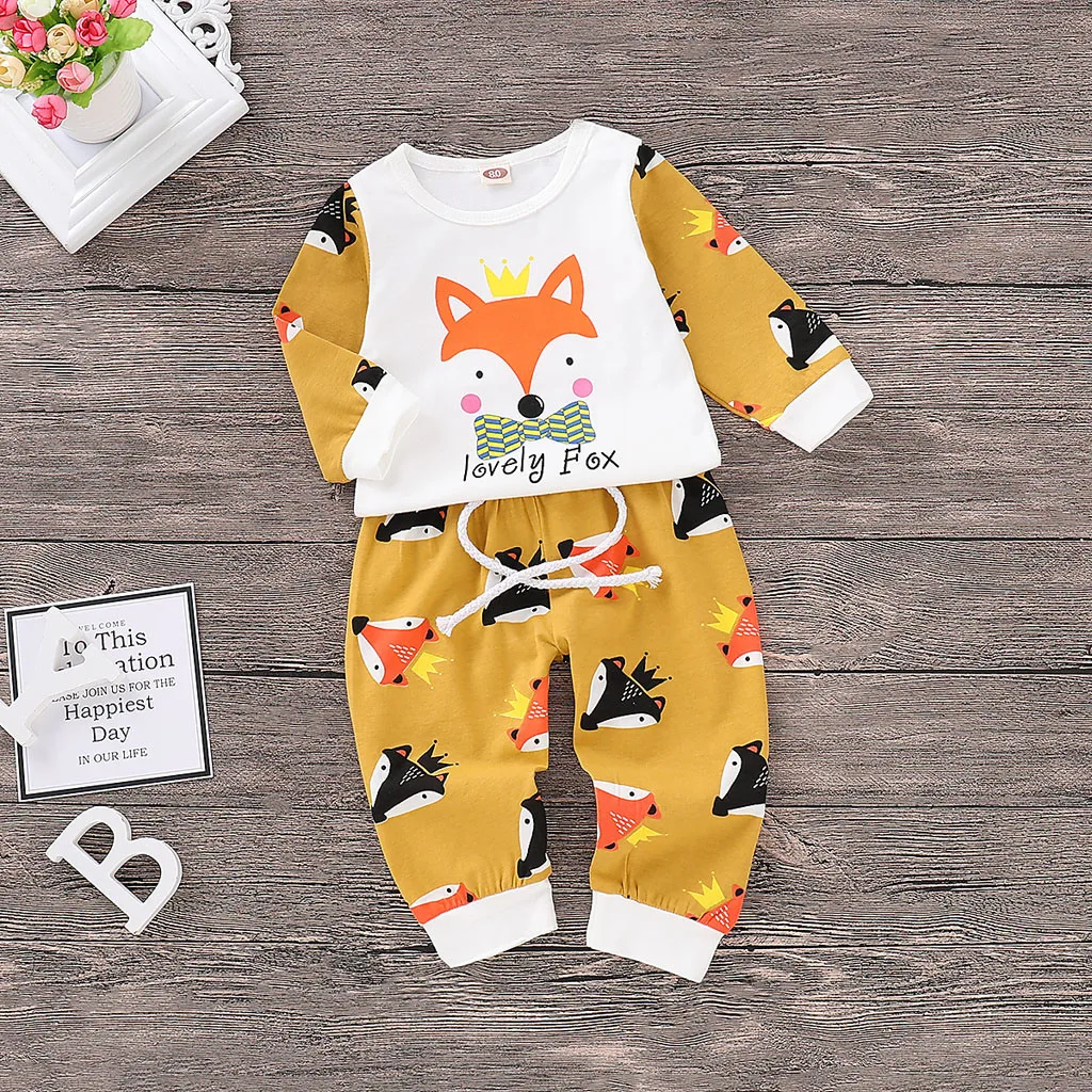 Infant Baby Girl Cartoon Fox Long Sleeve Tops+Print Pants Cap Cloth Sets Outfits Children Clothing Cute Style Cotton Sweatsuit