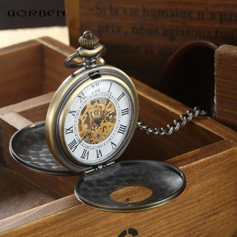 Ретро римские весы корпус стимпанк резьба бронза Механические карманные часы мужские роскошные брелок цепь 2 стороны Открытые женские часы