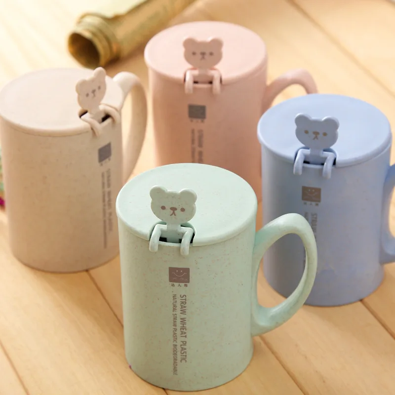 

1Pc Coffee Mug Tea Cup With Spoon Wheat Straw Mugs Plastic Tumblers Cup Round Water Bottle Kettle