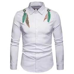 Новый Для мужчин блузка с длинным рукавом Вышивка Slim-Fit Button Down Shirt Бизнес отложной воротник топ, футболка