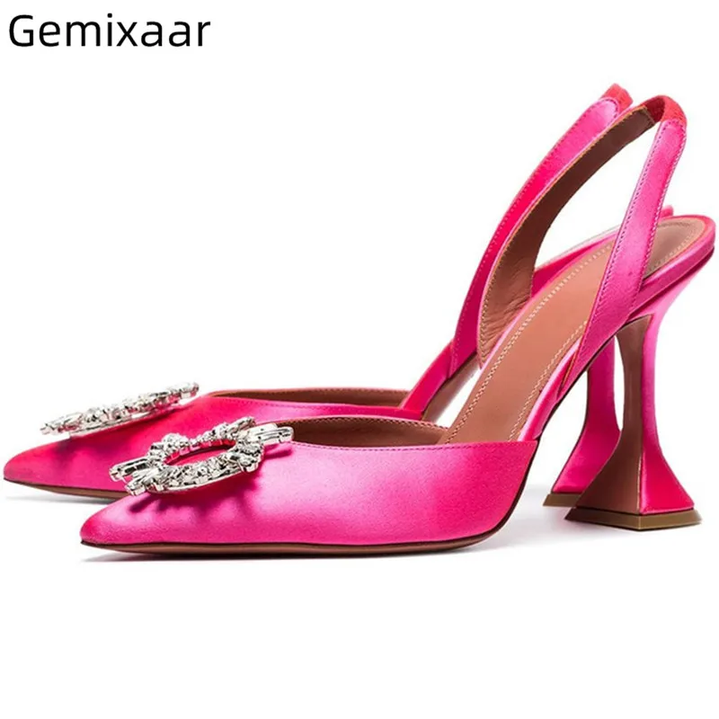 

Rose Satin Decor Crystal Woman Sandals Strange High Color Heel Shopping Shoes Point Toe Slim Shallow Comfy Material Woman Sandal