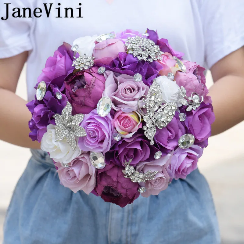 

JaneVini Purple Crystal Wedding Bouquet Artificial Peony Rose Bridesmaid Bride Holding Flowers Butterfly Jewelry Bridal Bouquets