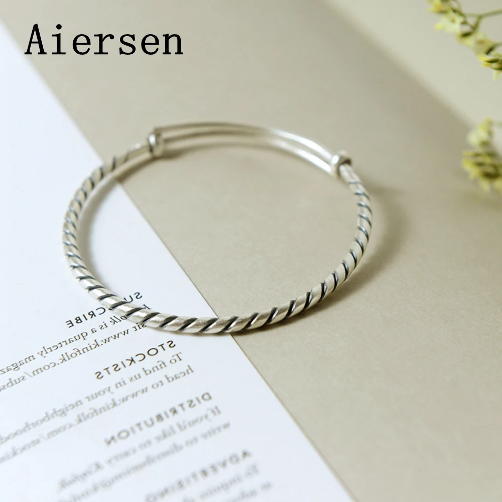 

Aiersen Resizable Women's Bangle Fashion Retro Striped Push-Pull Bracelet S990 Sterling Silver Bangles Girl Gift 2018 New