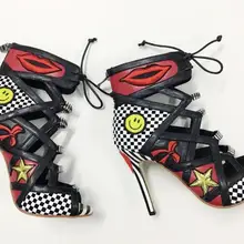 Новые модные кожаные ботинки на высоком каблуке с принтом летние сандалии-гладиаторы с открытым носком на шнуровке ботинки на тонком каблуке с улыбающимся лицом