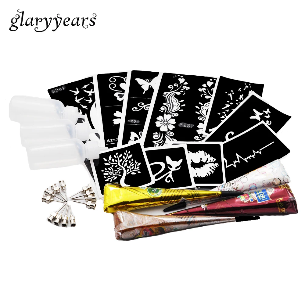 

1 Set Body Paint Henna Tattoo Stencil Tool Black White Paste Cone Gold Glitter Hollow Drawing Henna Stencil Waterproof 2019 Gift