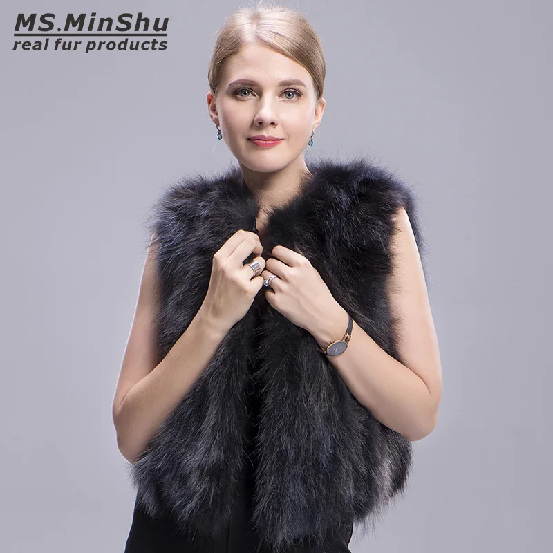 

Women Raccoon Fur Vest Natural Fur Vest Short Blue Color Winter Fox Fur Coat Sleeveless Fashion 100% Real Fur Gelit Ms.MinShu