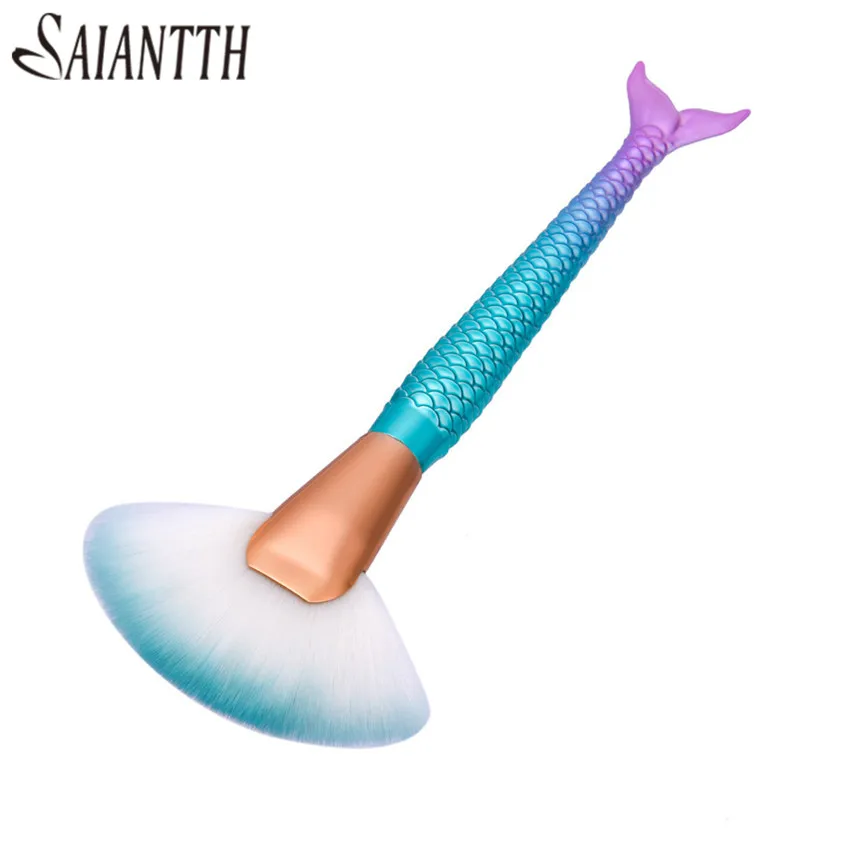 

SAIANTTH Mermaid fan makeup brushes Gradient fishtail handle face make up brush foundation blusher loose powder Highlighter tool