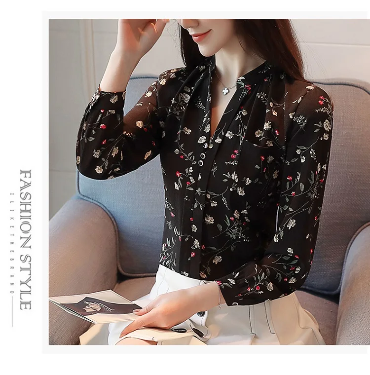 Шифоновая блузка с v-образным вырезом, тонкая женская шифоновая блузка, Женские топы и блузки, осенняя мода, офисная одежда, рубашки Z0001