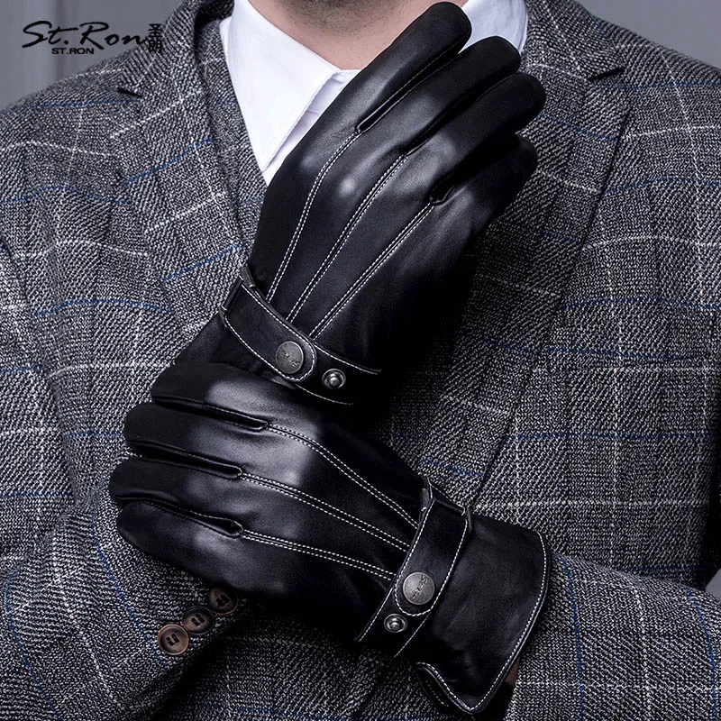 Модные Наручные Для мужчин перчатки из натуральной кожи, зимняя одежда на бархатной подкладке, зимняя теплая из овечьей шерсти с охлаждающим эффектом St6058