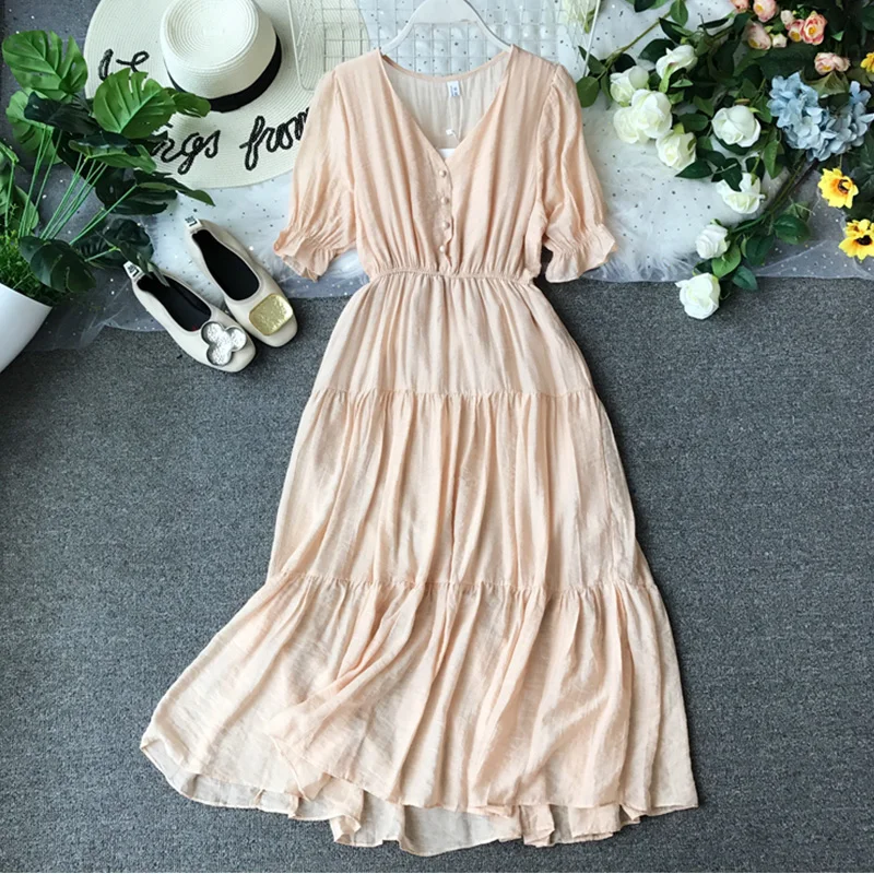 

2019 Summer dress Deep V-Neck White Casual Dress Women Solid Color Puff sleeve Pleated dress Vestido aa760