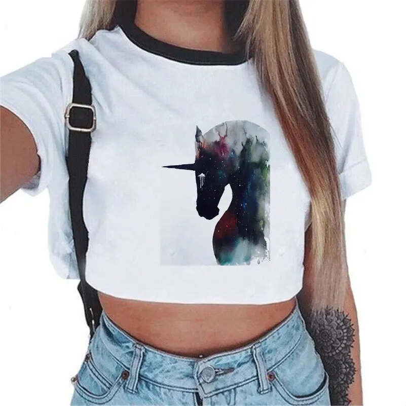 

2019 Summer T-shirt Women Casual Lady Top Tees Cotton Crop Top Female Brand Clothing T Shirt Printed Unicorn Top Cute Tee Tops