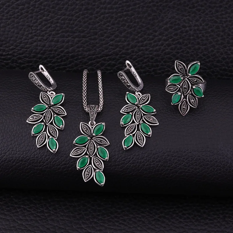 Sellsets, винтажные Свадебные ювелирные изделия, античное серебро, разноцветный кристалл, лист, ожерелье, серьги и кольцо, ювелирные наборы для женщин - Окраска металла: green