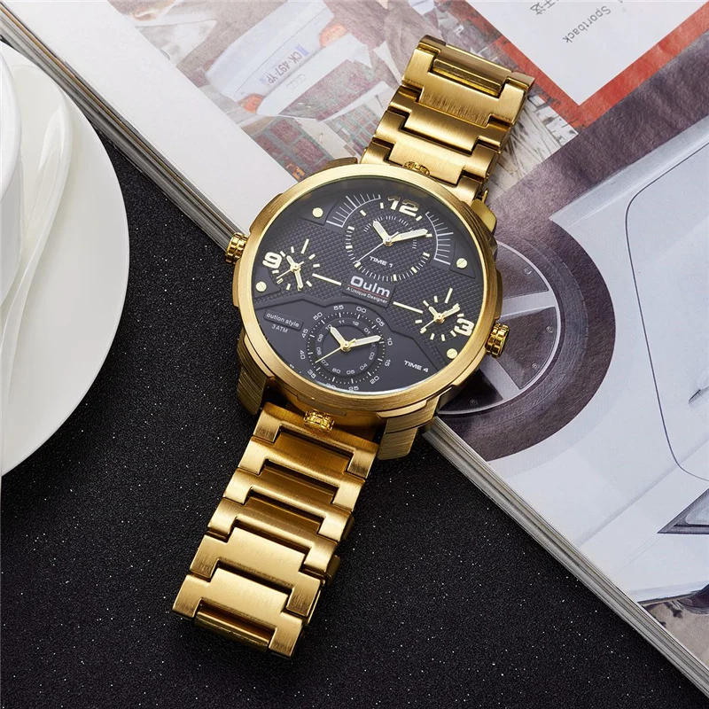 Oulm, список, большой размер, четыре часовых пояса, часы для мужчин, роскошный бренд, золотые кварцевые мужские часы, полностью стальные мужские военные часы