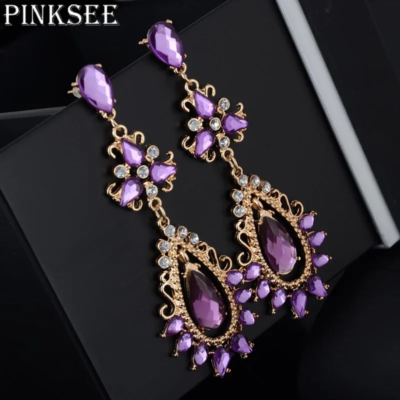 

PINKSEE Bohemian Style Purple Crystal Rhinestone Flower Dangle Earrings Punk Gold Color Long Drop Earring For Women Jewelry
