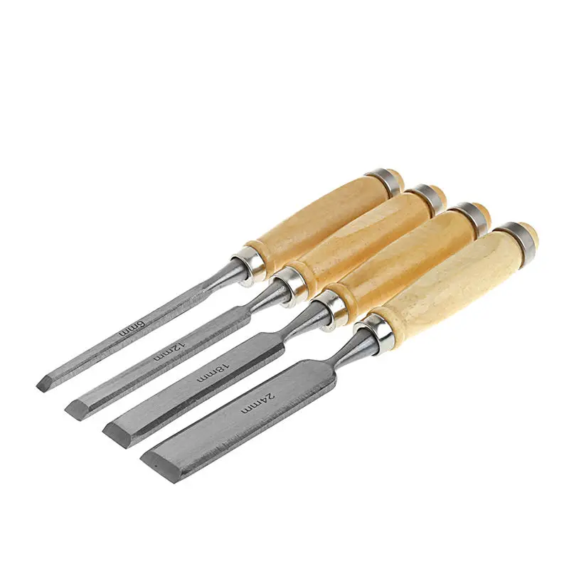 4Pcs/set 6/12/18/24mm Wood Flat Chisel DIY Carving Set Woodworking Handle Tool