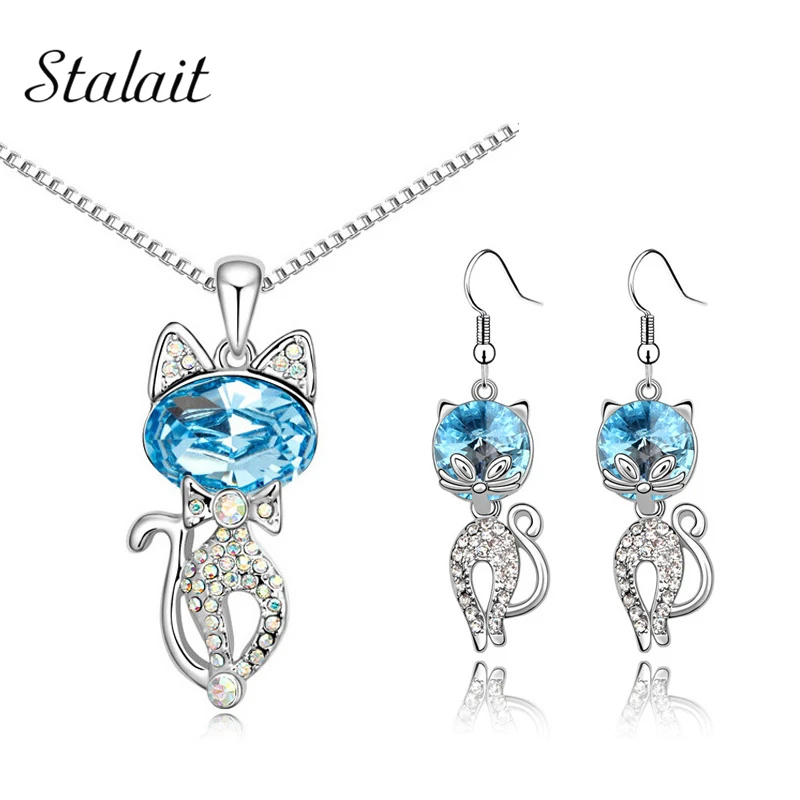 

Wholesale Girl Lovely Cat Jewelry Sets Gold Color Color Kitten Shape Austrian Crystal Necklace Earrings Free Shipping 80144