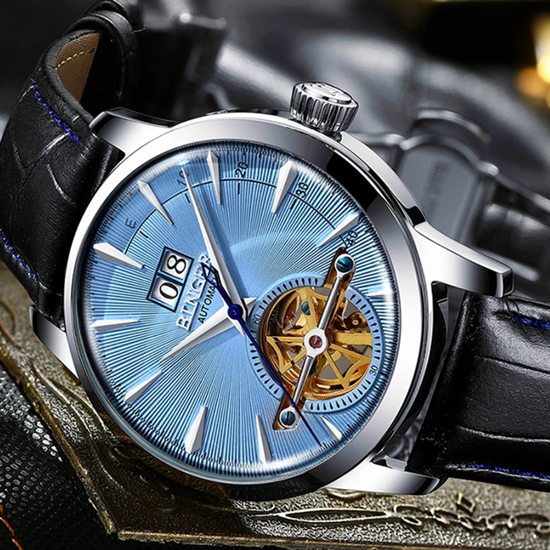 

BINGER Brand Men Watches Automatic Mechanical Watch Tourbillon Sport Clock Leather Casual Business Retro Wristwatch Relojes 2019